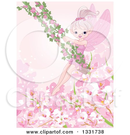 Clipart of a Happy Pink Fairy Pixie on a Swing with Rose Vines over Blossoms - Royalty Free Vector Illustration by Pushkin