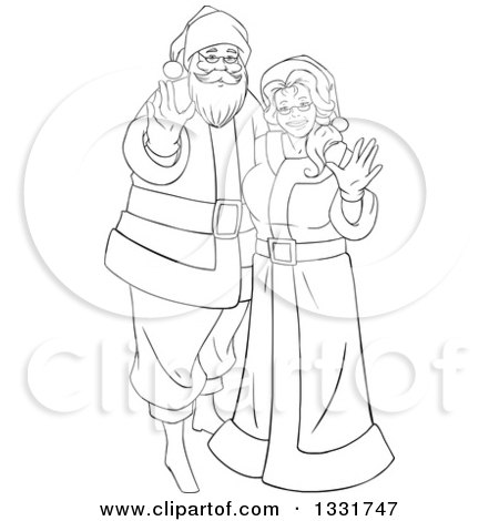 Clipart of a Black and White Christmas Santa and Mrs Claus Waving - Royalty Free Vector Illustration by Liron Peer