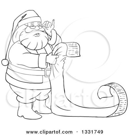 Clipart of a Black and White Christmas Santa Claus Adjusting His Glasses and Reading a Long List - Royalty Free Vector Illustration by Liron Peer