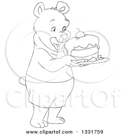 Clipart of a Black and White Happy Young Bear Holding a Cake - Royalty Free Vector Illustration by Liron Peer