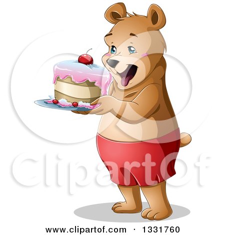 Clipart of a Happy Young Bear Holding a Cake - Royalty Free Vector Illustration by Liron Peer