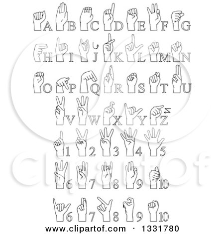 Clipart of Cartoon Black and White Alphabet Sign Language Hands and Numbers - Royalty Free Vector Illustration by Liron Peer