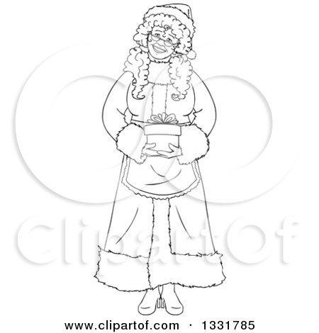 Clipart of a Black and White Happy Christmas Mrs Claus Holding a Gift - Royalty Free Vector Illustration by Liron Peer