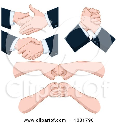 Clipart of Cartoon Caucasian Business Men Hands Shaking, Arm Wrestling and Fist Bumping - Royalty Free Vector Illustration by Liron Peer