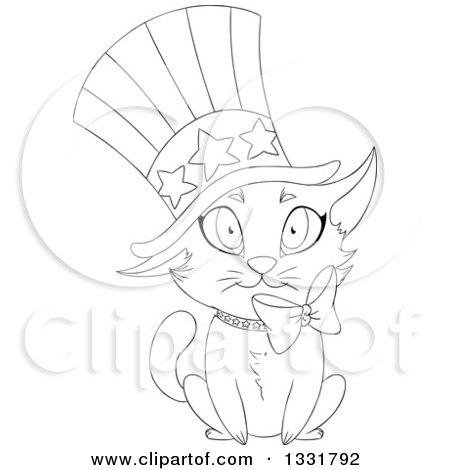 Clipart of a Black and White Lineart Cute Independence Day Patriotic Cat Wearing an American Top Hat - Royalty Free Vector Illustration by Liron Peer