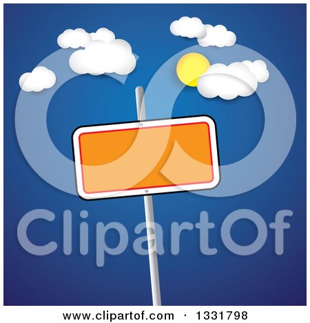 Clipart of a Blank Orange Sign on a Post over a Blue Sky with the Sun and Clouds - Royalty Free Vector Illustration by ColorMagic