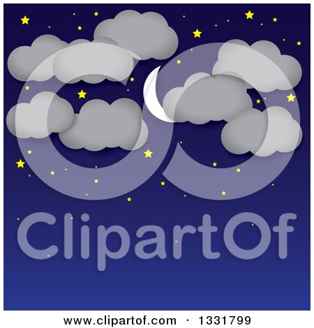 Clipart of a Blue Night Sky Background with a Crescent Moon, Stars, and Clouds over Text Space - Royalty Free Vector Illustration by ColorMagic
