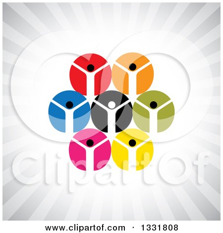 Clipart of a Unity Team of Cheering People in Colorful Circles over Gray Rays - Royalty Free Vector Illustration by ColorMagic