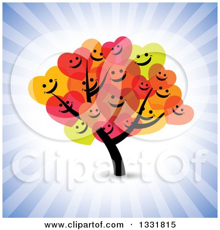 Clipart of a Tree with Happy Heart Foliage over Blue Rays - Royalty Free Vector Illustration by ColorMagic
