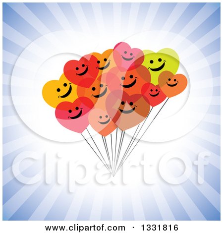 Clipart of a Cluster of Hapy Heart Balloons Smiling over a Burst of Blue Rays - Royalty Free Vector Illustration by ColorMagic