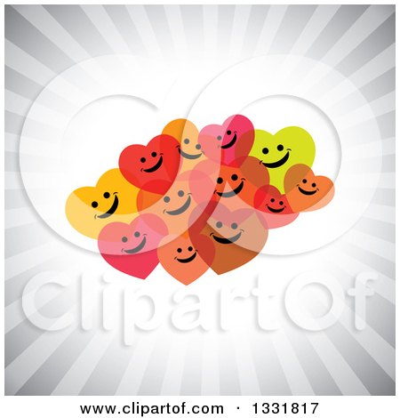 Clipart of a Cluster of Hapy Hearts Smiling over a Burst of Gray Rays - Royalty Free Vector Illustration by ColorMagic