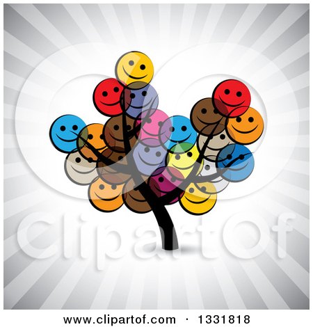Clipart of a Tree with Happy Colorful Smiley Face Emoticon Foliage over Ray Rays - Royalty Free Vector Illustration by ColorMagic