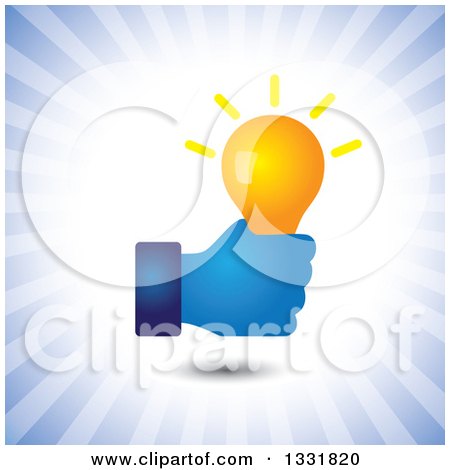 Clipart of a Blue Hand Holding a Creative Idea Light Bulb over Blue Rays - Royalty Free Vector Illustration by ColorMagic