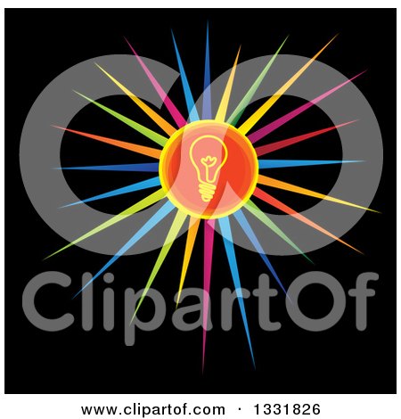 Clipart of a Round Light Bulb Icon over a Colorful Burst on Black - Royalty Free Vector Illustration by ColorMagic