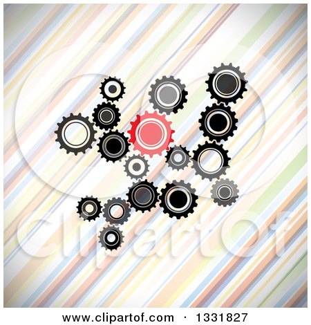 Clipart of a Cluster of Black, Gray and Red Gears over Diagonal Colorful Stripes - Royalty Free Vector Illustration by ColorMagic