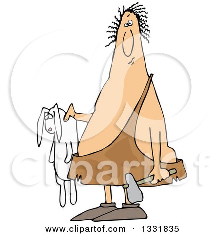 Clipart of a Cartoon Chubby Caveman Holding a Dead Rabbit and Hammer - Royalty Free Vector Illustration by djart