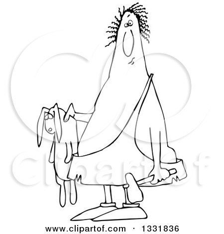 Lineart Clipart of a Cartoon Black and White Chubby Caveman Holding a Dead Rabbit and Hammer - Royalty Free Outline Vector Illustration by djart