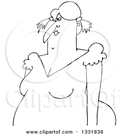Lineart Clipart of a Cartoon Black and White Chubby Country Woman with Pigtails - Royalty Free Outline Vector Illustration by djart