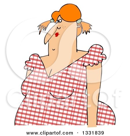 Clipart of a Cartoon Chubby Country Woman with Red Hair, Pig Tails and a Plaid Dress - Royalty Free Illustration by djart