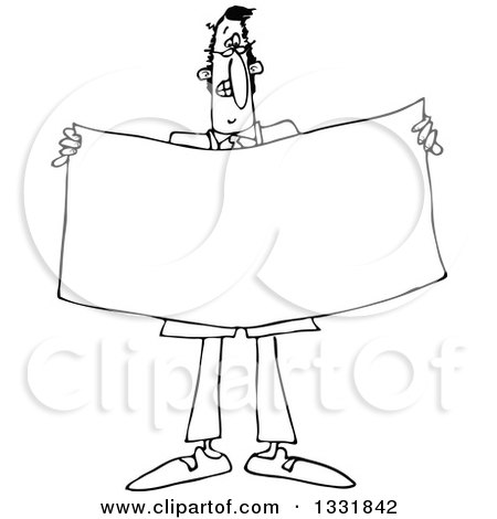 Lineart Clipart of a Cartoon Black and White Business Man Holding a Blank Sign or Banner - Royalty Free Outline Vector Illustration by djart