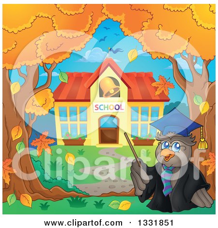 Clipart of a Professor Owl Holding a Pointer Stick Under Autumn Trees of a School Yard - Royalty Free Vector Illustration by visekart