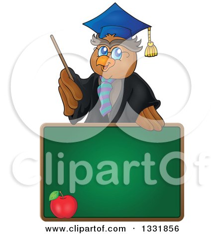 Clipart of a Professor Owl Holding a Pointer Stick over an Apple on a Chalk Board - Royalty Free Vector Illustration by visekart