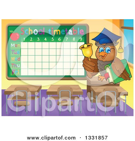 Clipart of a Professor Owl Holding a Book and Ringing a Bell in a Class Room by a Time Table - Royalty Free Vector Illustration by visekart