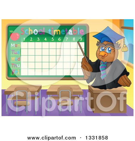 Clipart of a Professor Owl Holding a Pointer Stick in a Class Room by a Time Table - Royalty Free Vector Illustration by visekart