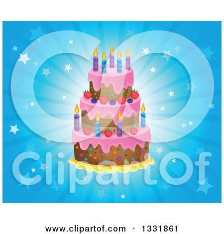 Clipart of a Cartoon Birthday Cake with Frosting, Berries and Candles over a Blue Star Burst - Royalty Free Vector Illustration by visekart