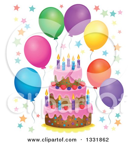 cartoon birthday cake and balloons