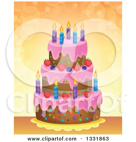 Clipart of a Cartoon Birthday Cake over Orange with Flares - Royalty Free Vector Illustration by visekart