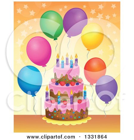 Clipart of a Cartoon Birthday Cake with Colorful Stars and Party Balloons over Orange - Royalty Free Vector Illustration by visekart