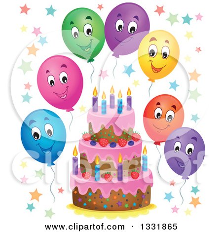 Clipart of a Cartoon Birthday Cake with Colorful Stars and Happy Party Balloons - Royalty Free Vector Illustration by visekart