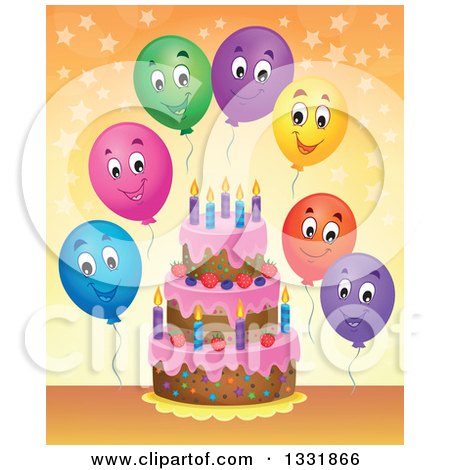 Clipart of a Cartoon Birthday Cake with Colorful Stars and Happy Party Balloons over Orange - Royalty Free Vector Illustration by visekart