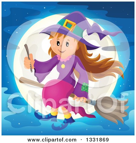 Clipart of a Happy Halloween Witch Girl Sitting on a Broom and Holding a Magic Wand over a Full Moon - Royalty Free Vector Illustration by visekart