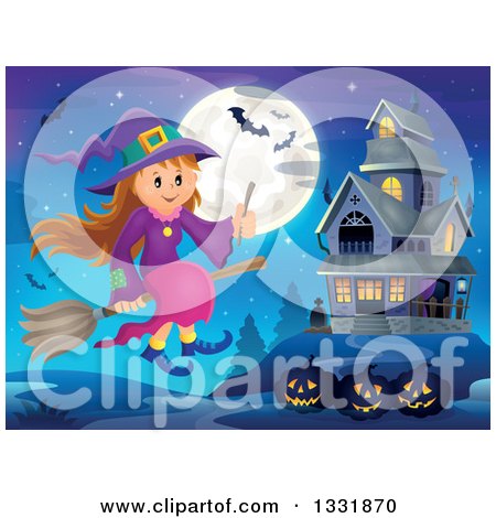 Clipart of a Happy Halloween Witch Girl Sitting on a Broom and Holding a Magic Wand over Jackolanterns, a Haunted House, Full Moon and Bats - Royalty Free Vector Illustration by visekart