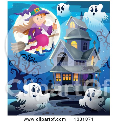 Clipart of a Happy Halloween Witch Girl Sitting on a Broom and Holding a Magic Wand over Ghosts, a Full Moon and Haunted House - Royalty Free Vector Illustration by visekart