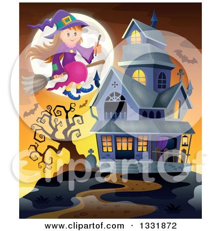 Clipart of a Happy Halloween Witch Girl Sitting on a Broom and Holding a Magic Wand over Bats, a Full Moon and Haunted House at Sunset - Royalty Free Vector Illustration by visekart
