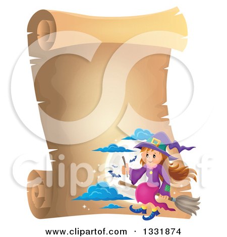 Clipart of a Happy Halloween Witch Girl Sitting on a Broom and Holding a Magic Wand, over a Full Moon with Bats on a Blank Parchment Scroll Page - Royalty Free Vector Illustration by visekart
