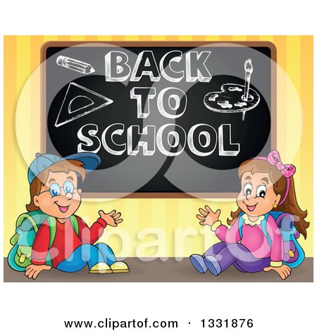 Clipart of a Caucasian Boy and Girl Waving and Sitting Under a Sketched Back to School Black Board - Royalty Free Vector Illustration by visekart