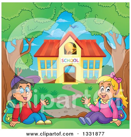 Clipart of a Caucasian Boy and Girl Waving and Sitting by a School Building - Royalty Free Vector Illustration by visekart