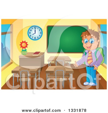 Clipart of a Caucasian School Boy Presenting a Desk in a Class Room - Royalty Free Vector Illustration by visekart