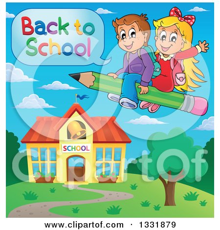 Clipart of a Caucasian Boy and Girl Flying on a Pencil over a Building and Saying Back to School - Royalty Free Vector Illustration by visekart