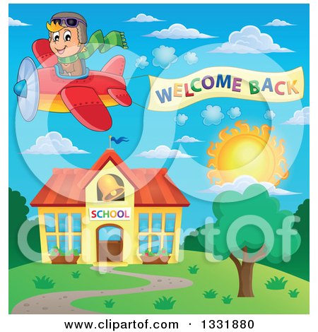 Clipart of a Caucasian Boy Flying a Welcome Back Banner with an Airplane over a School Building - Royalty Free Vector Illustration by visekart
