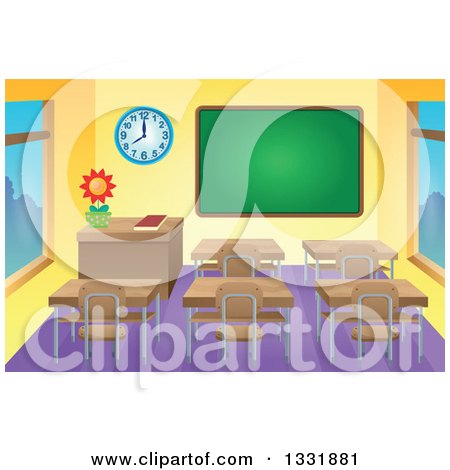 Clipart of a Class Room Interior with a Blank Chalk Board and Desks - Royalty Free Vector Illustration by visekart