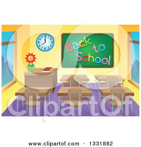 Clipart of a Class Room Interior with a Back to School Chalk Board and Desks - Royalty Free Vector Illustration by visekart