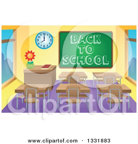 Clipart of a Class Room Interior with a Sketched Back to School Greeting on a Chalk Board and Desks - Royalty Free Vector Illustration by visekart