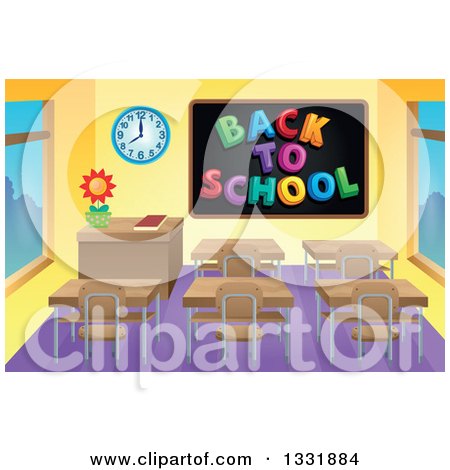 Clipart of a Class Room Interior with a Back to School Black Board and Desks - Royalty Free Vector Illustration by visekart