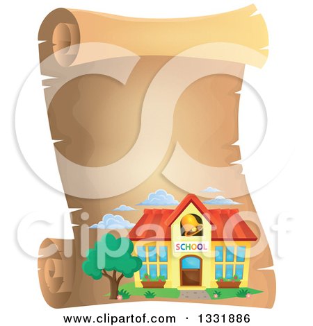 Clipart of a School Building on a Black Parchment Scroll - Royalty Free Vector Illustration by visekart