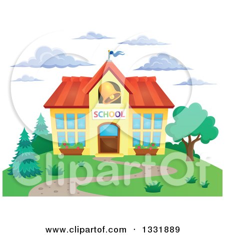Clipart of a School Building with a Ringing Bell and Clouds - Royalty Free Vector Illustration by visekart